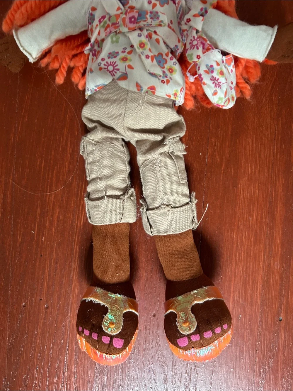 The Children's Place Brown Girl Rag Doll with Orange Yarn Hair and Floral Outfit